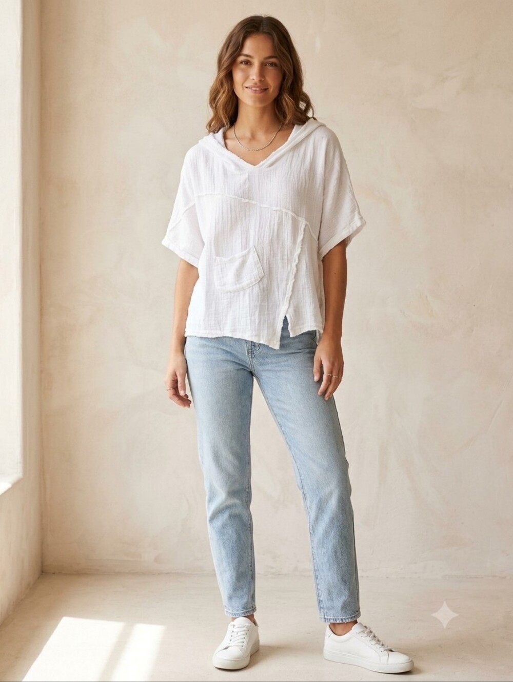 Casual White Hooded Gauze Pullover Top